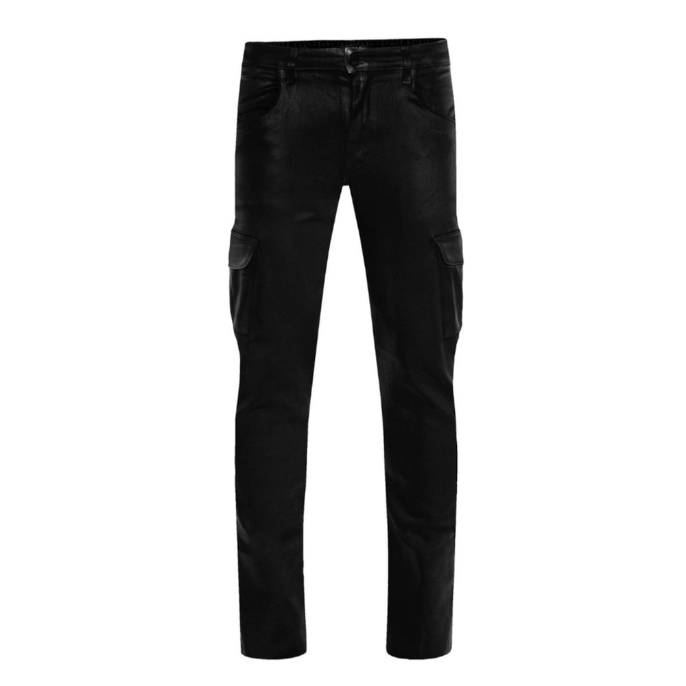 Monfrère Black Coated Cargo Pants Slim Fit Leather Look Size 38